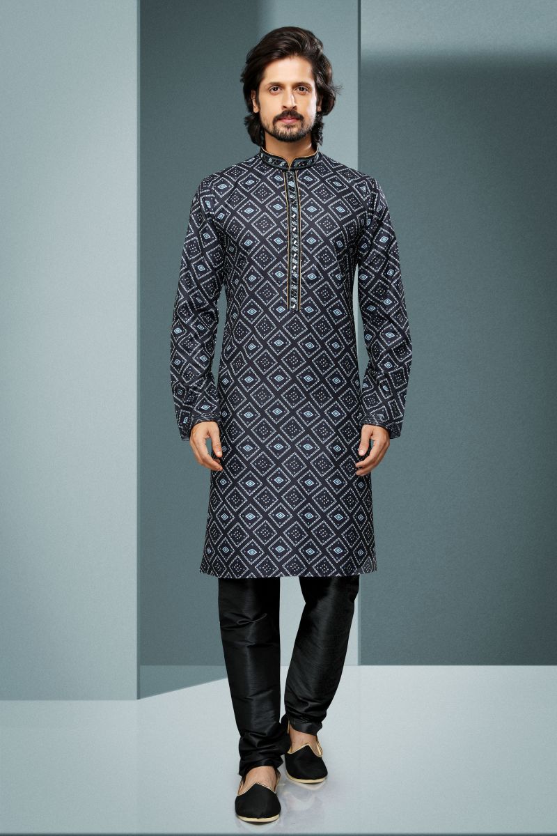 Printed Cotton Wedding Wear Readymade Kurta Pyjama For Men In Black Color