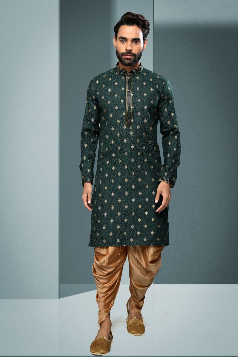 Printed Dark Green Color Cotton Function Wear Readymade Kurta Pyjama For Men