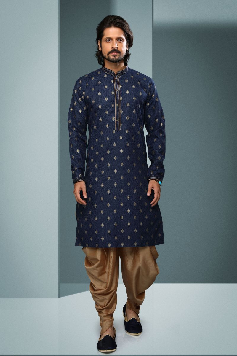 Cotton Attractive Printed Navy Blue Color Festive Wear Readymade Men Kurta Pyjama