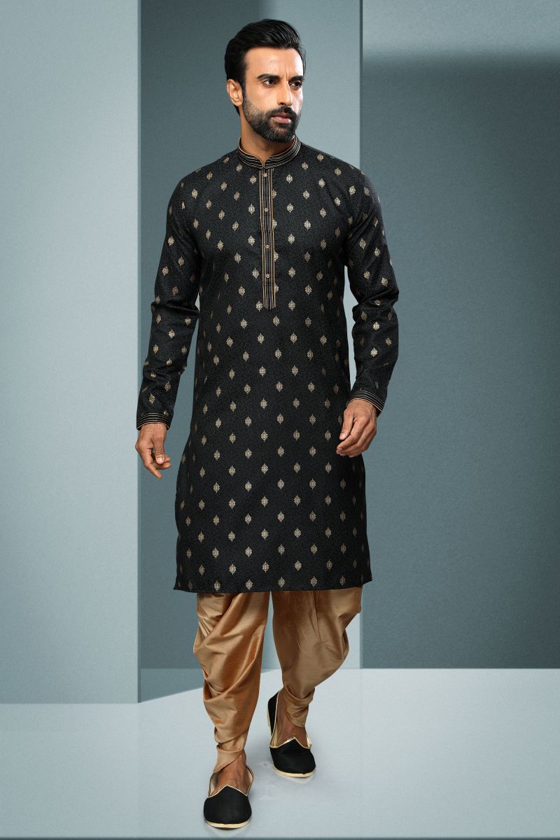 Black Cotton Beautiful Printed Sangeet Wear Trendy Readymade Kurta Pyjama For Men