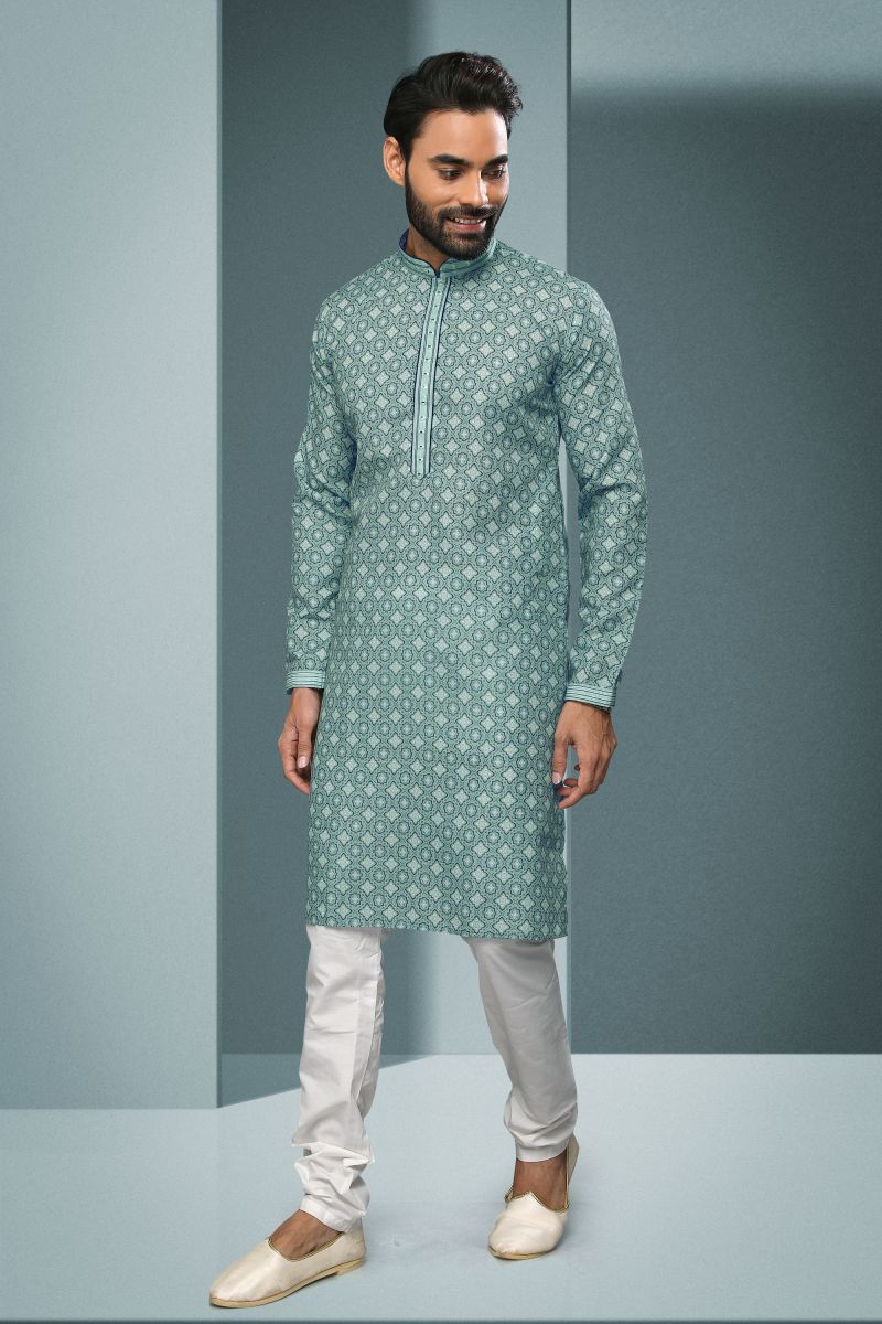 Cotton Sea Green Color Wedding Wear Printed Readymade Designer Men Kurta Pyjama