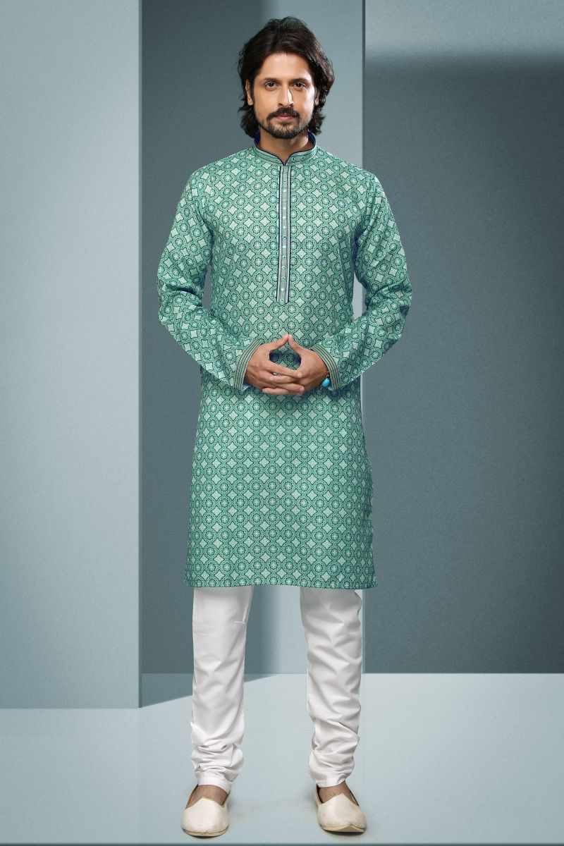 Green Color Printed Gorgeous Cotton Reception Wear Readymade Kurta Pyjama For Men