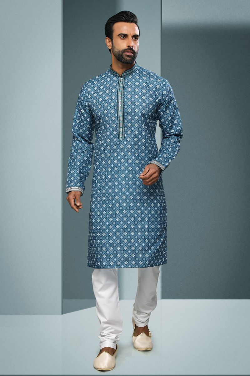 Cotton Stunning Printed Blue Color Function Wear Readymade Men Kurta Pyjama