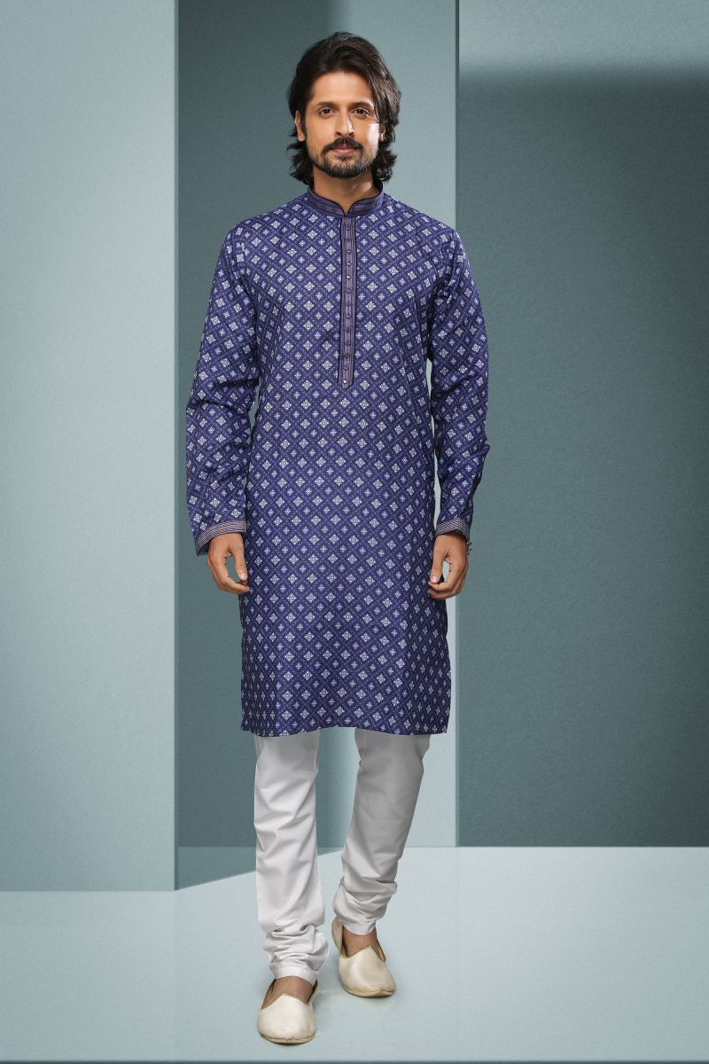 Cotton Purple Color Festive Wear Readymade Lovely Printed Kurta Pyjama For Men