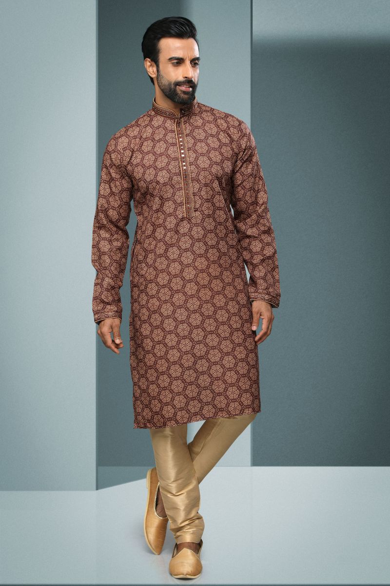 Printed Pretty Cotton Sangeet Wear Readymade Men Kurta Pyjama In Brown Color