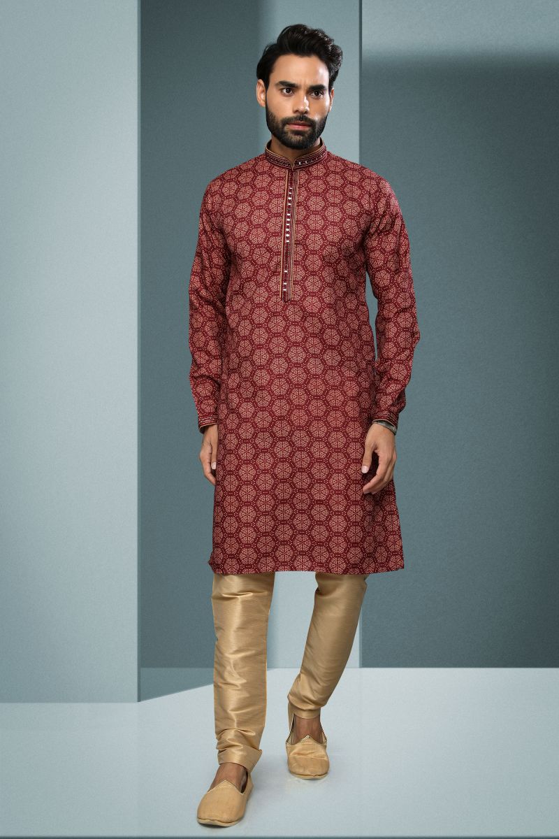 Printed Maroon Color Wedding Wear Readymade Kurta Pyjama For Men In Cotton Fabric