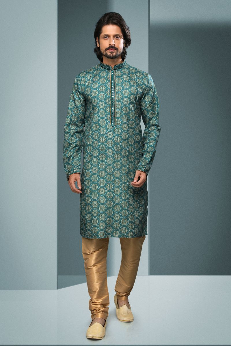 Cotton Reception Wear Printed Attractive Readymade Men Kurta Pyjama In Green Color