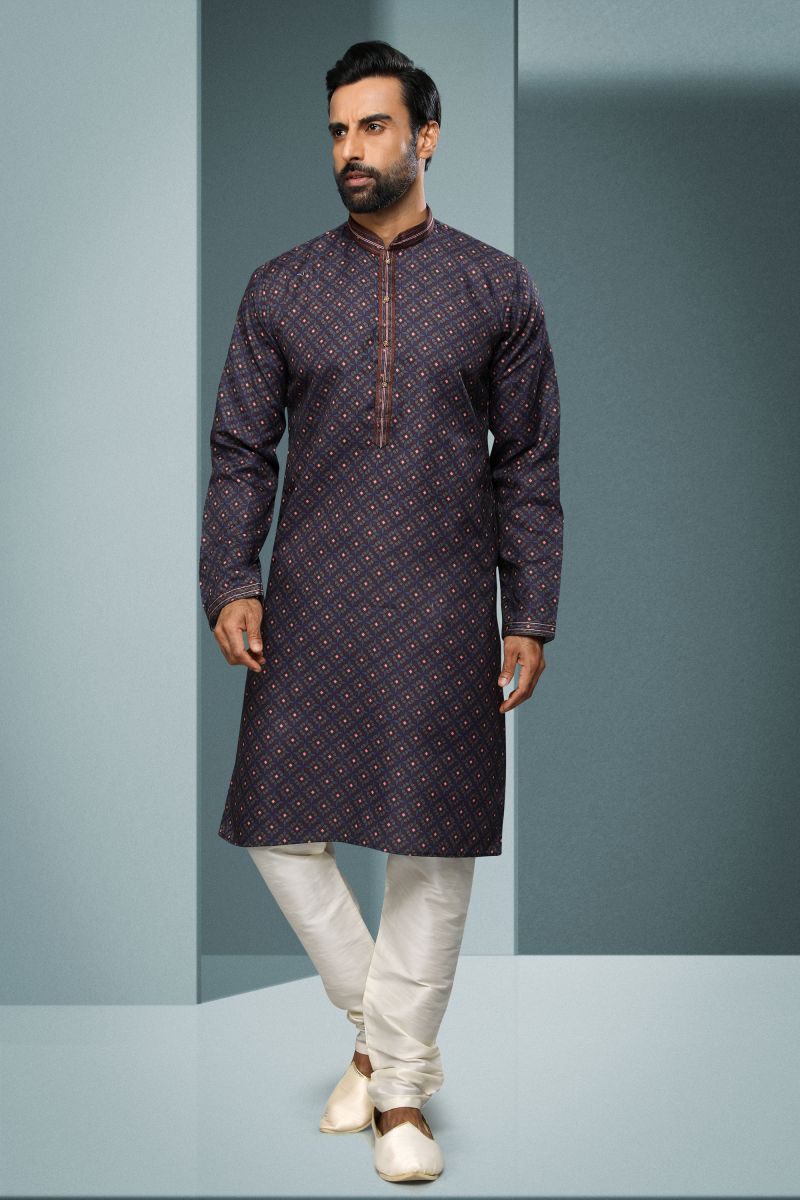 Navy Blue Color Function Wear Readymade Glamorous Printed Kurta Pyjama For Men In Cotton Fabric