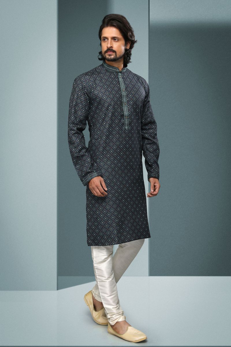 Printed Green Cotton Graceful Readymade Men Kurta Pyjama For Festive Wear