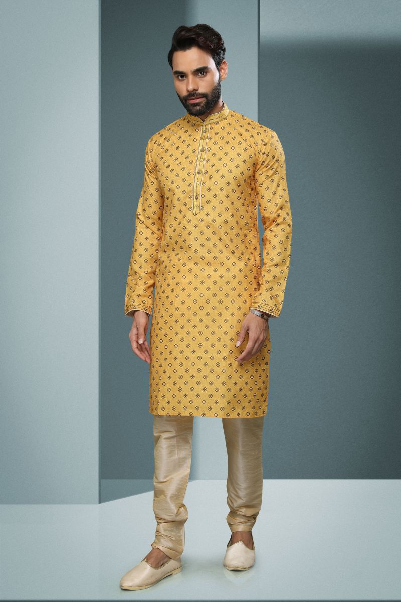 Cotton Printed Yellow Magnificent Readymade Men Kurta Pyjama For Sangeet Wear