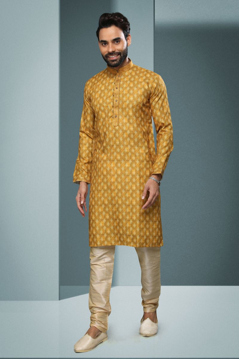 Cotton Artistic Printed Yellow Color Readymade Men Kurta Pyjama For Wedding Wear