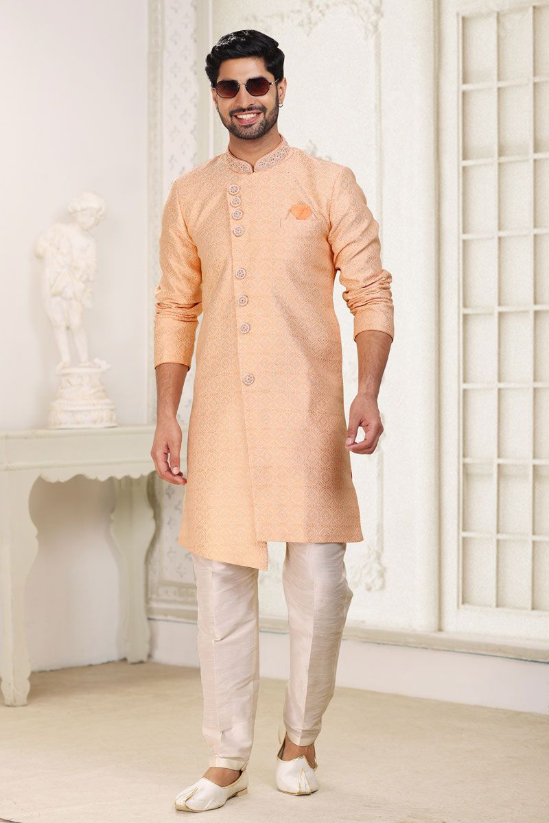 Jacquard Fabric Peach Color Designer Readymade Indo Western For Men