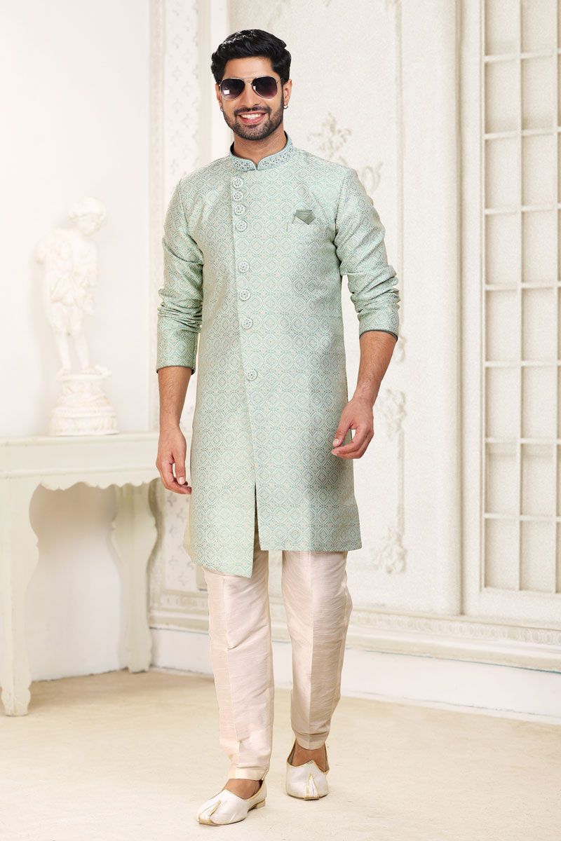 Light Cyan Color Jacquard Fabric Designer Readymade Indo Western For Men