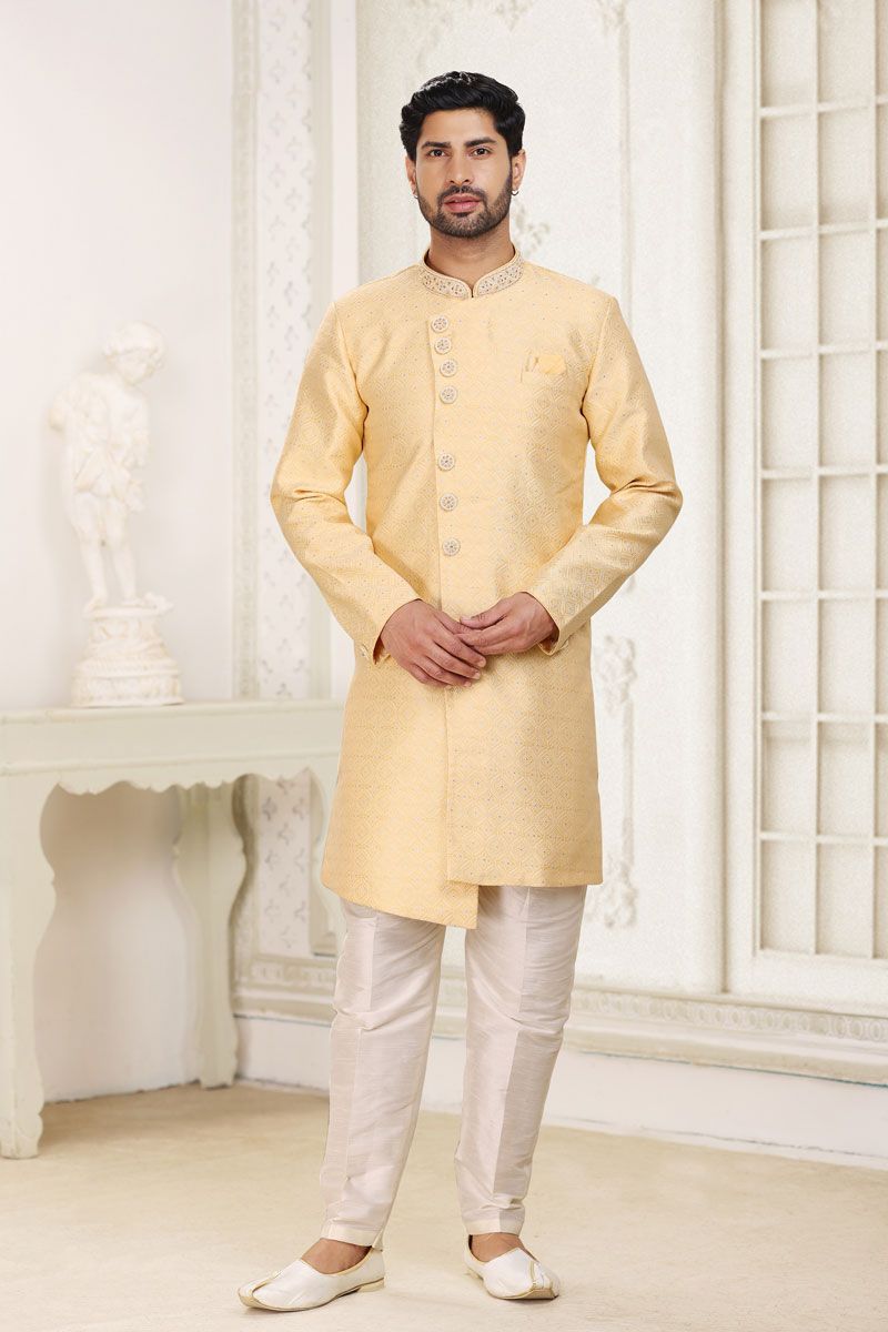 Yellow Color Jacquard Fabric Designer Readymade Indo Western For Men