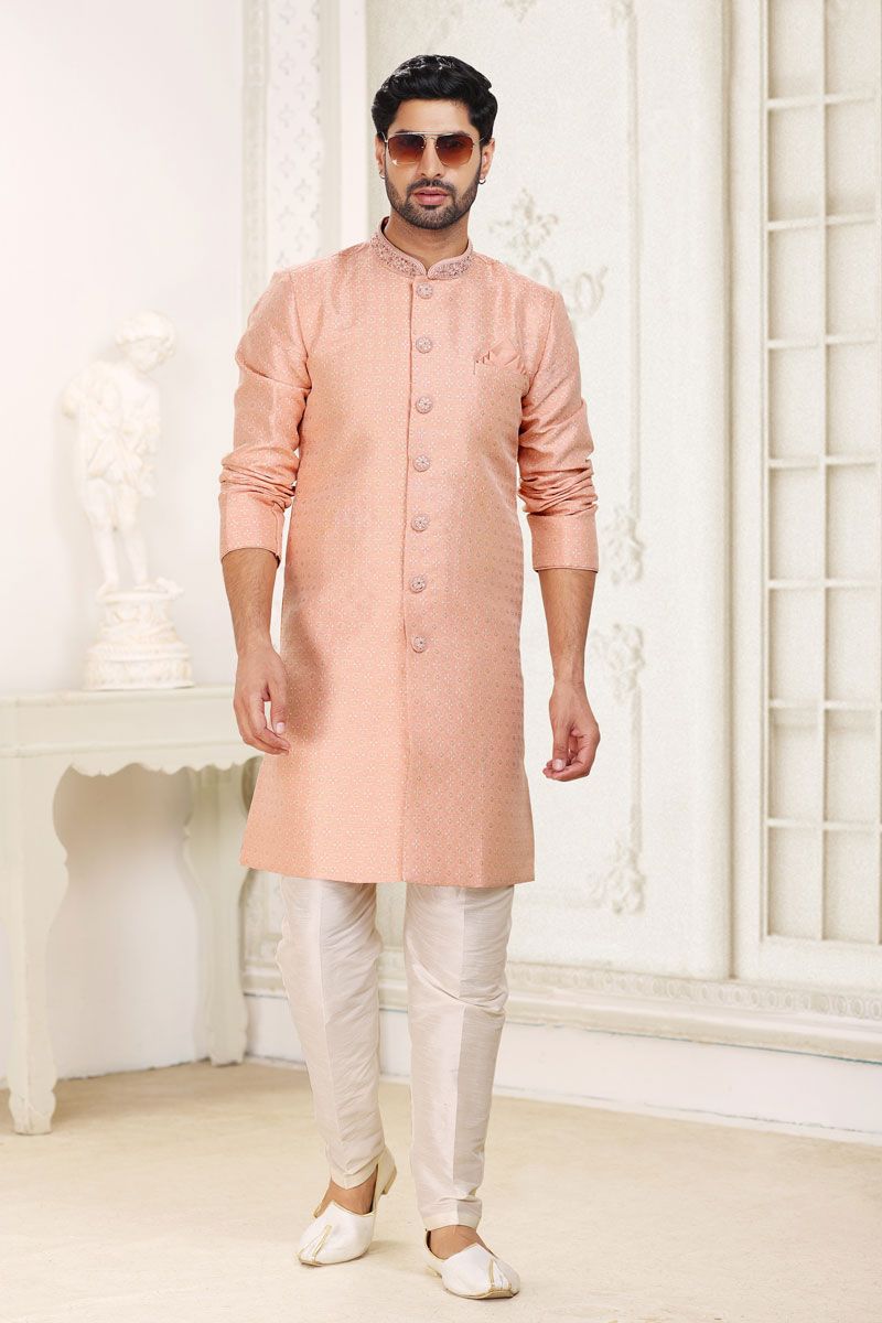 Jacquard Fabric Designer Readymade Indo Western For Men In Pink Color