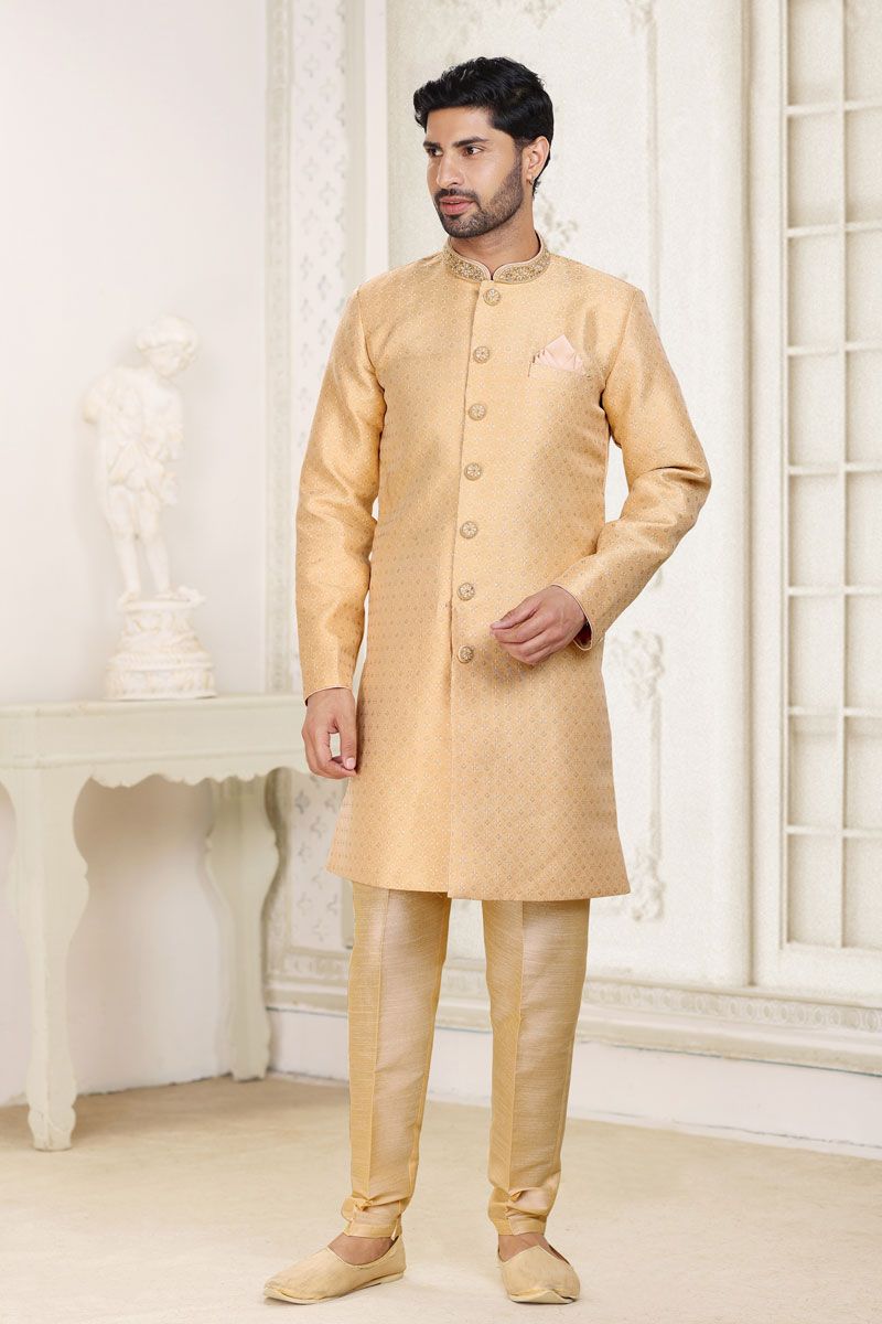 Jacquard Fabric Designer Readymade Indo Western For Men In Cream Color