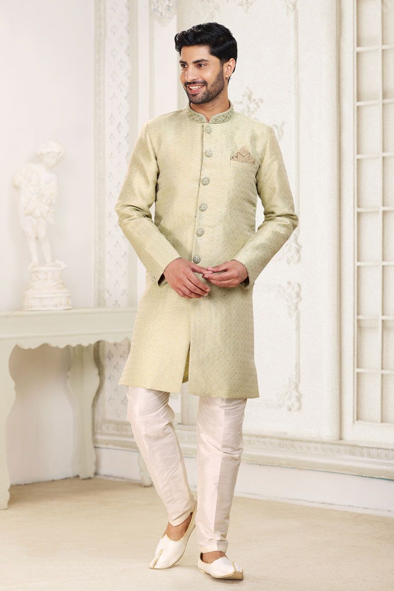 Beige Color Jacquard Fabric Readymade Indo Western For Men