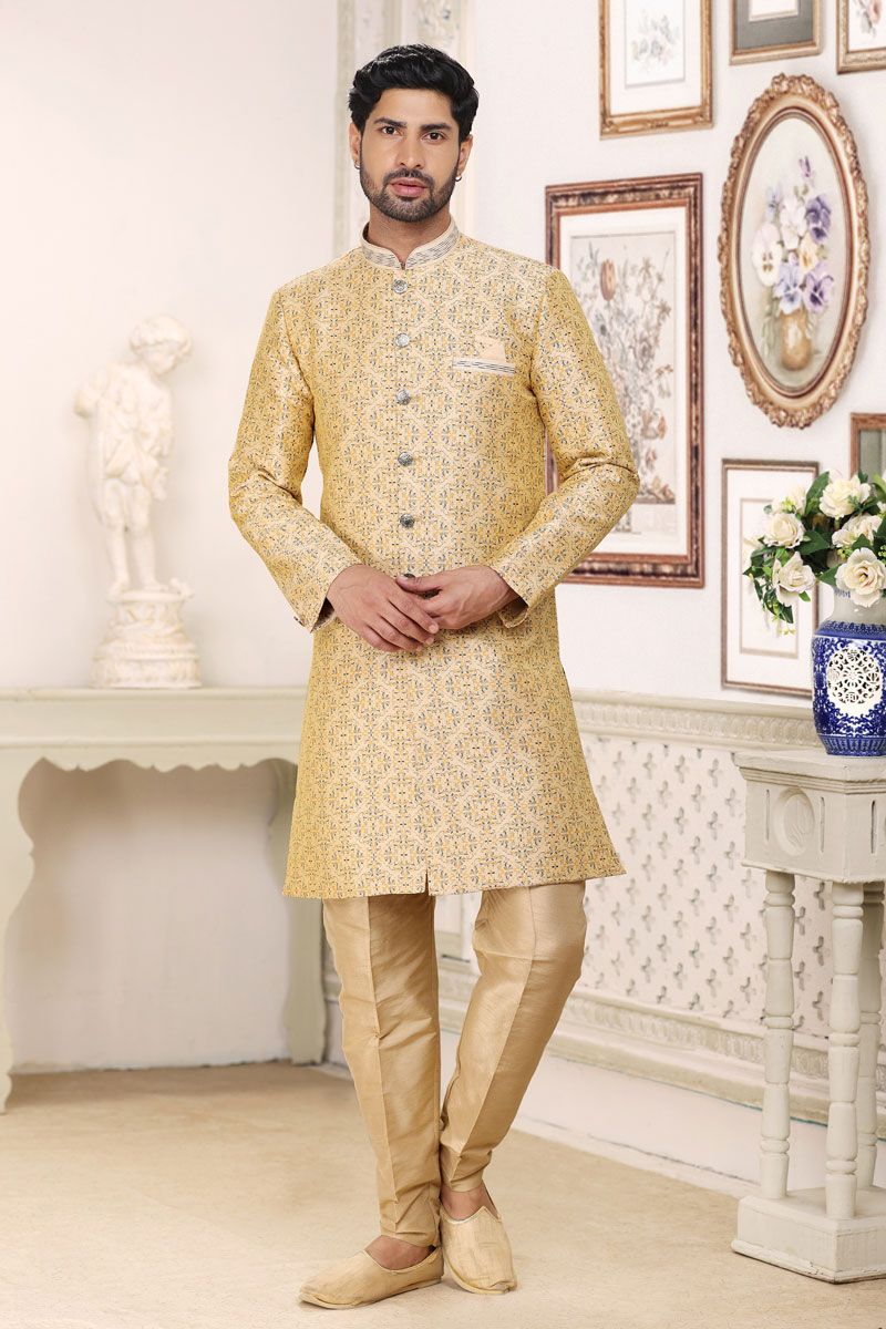 Jacquard Fabric Cream Color Readymade Men Stylish Indo Western