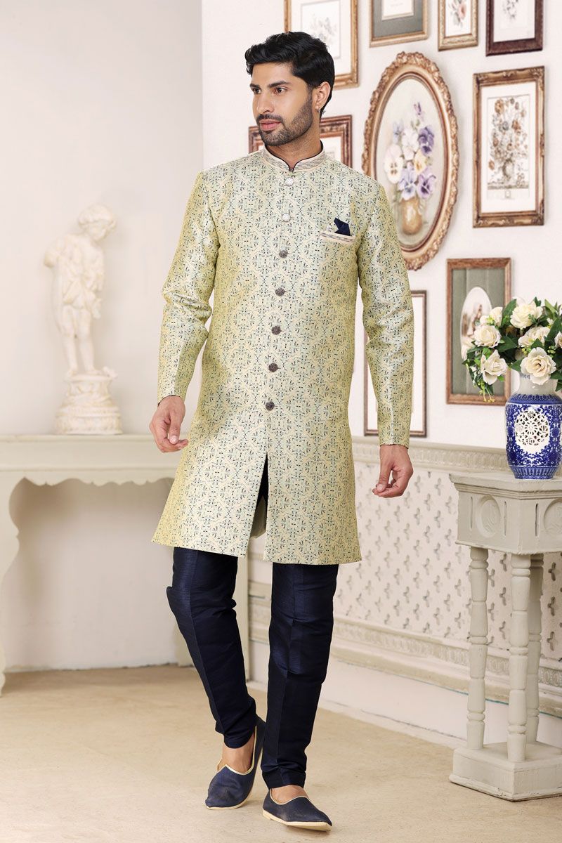 Beige Jacquard Fabric Trendy Readymade Indo Western For Men