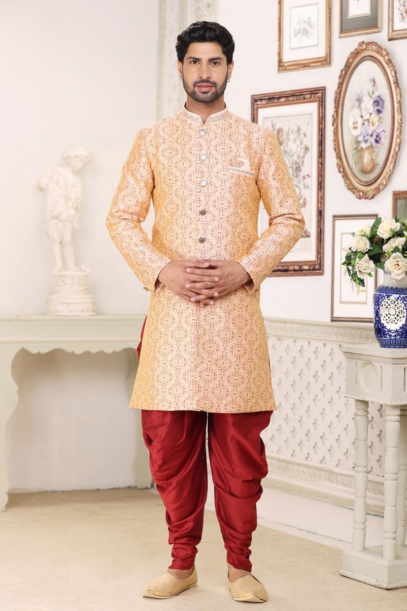 Jacquard Peach Color Readymade Designer Men Indo Western