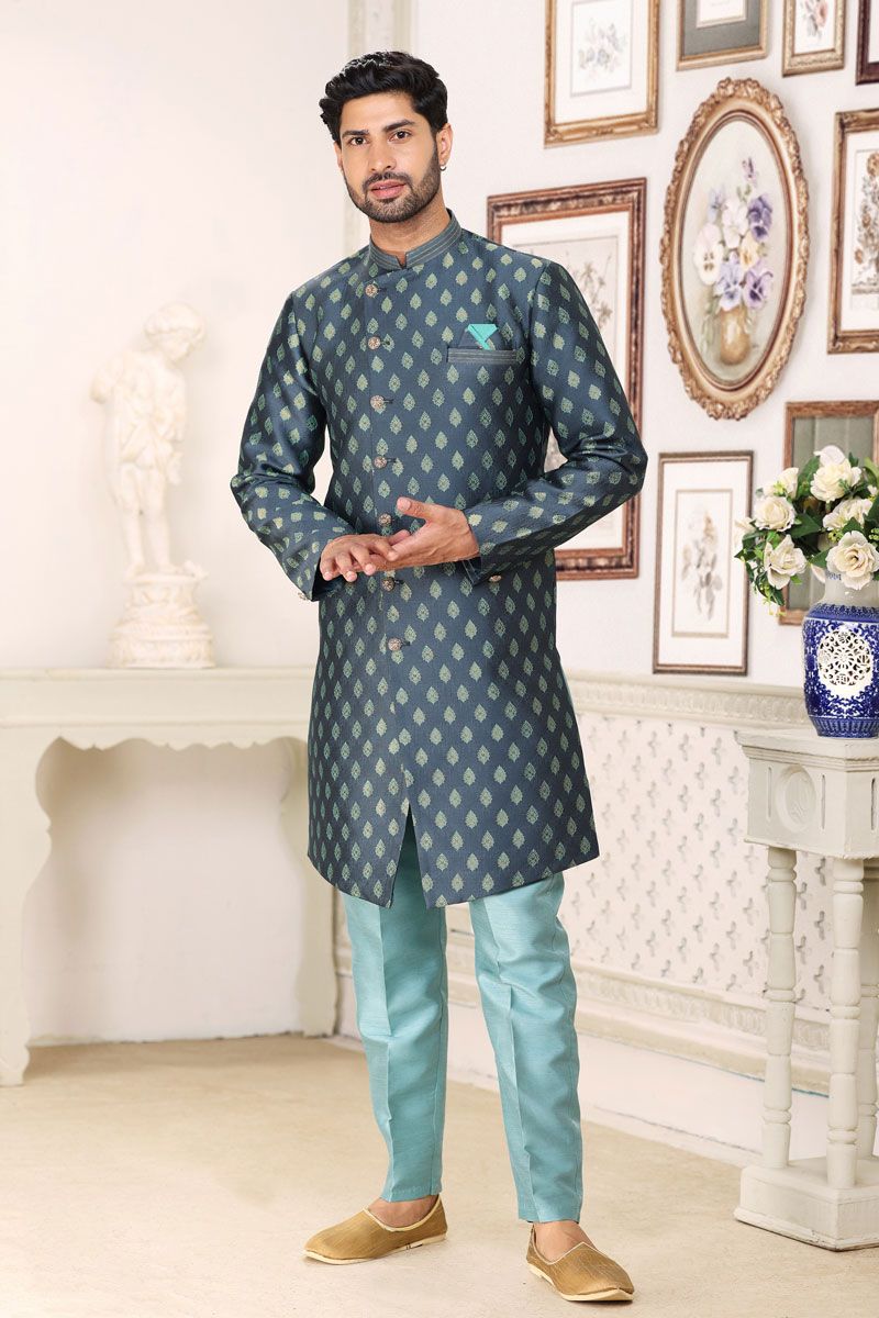 Navy Blue Gorgeous Jacquard Fabric Readymade Indo Western For Men