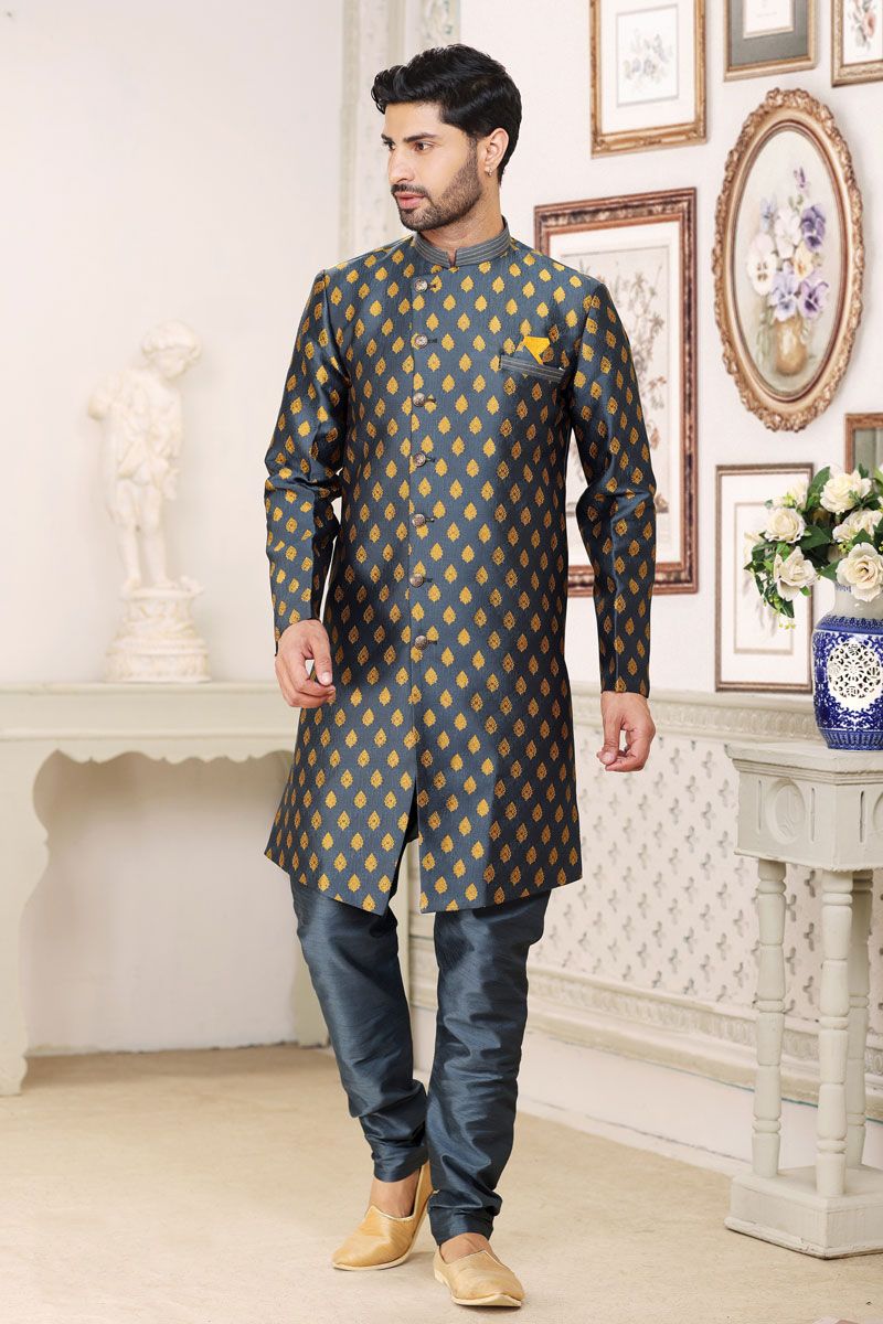 Jacquard Stunning Grey Color Readymade Men Indo Western