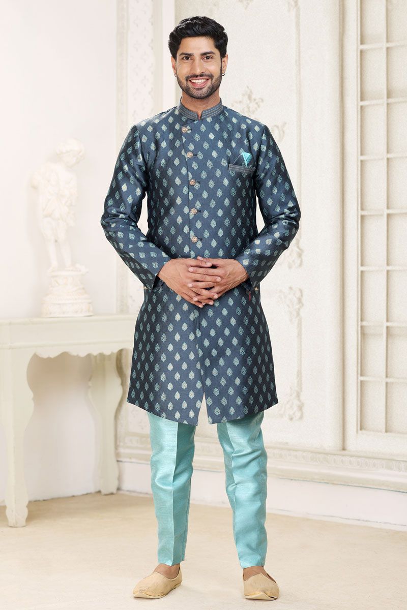 Jacquard Navy Blue Readymade Lovely Indo Western For Men