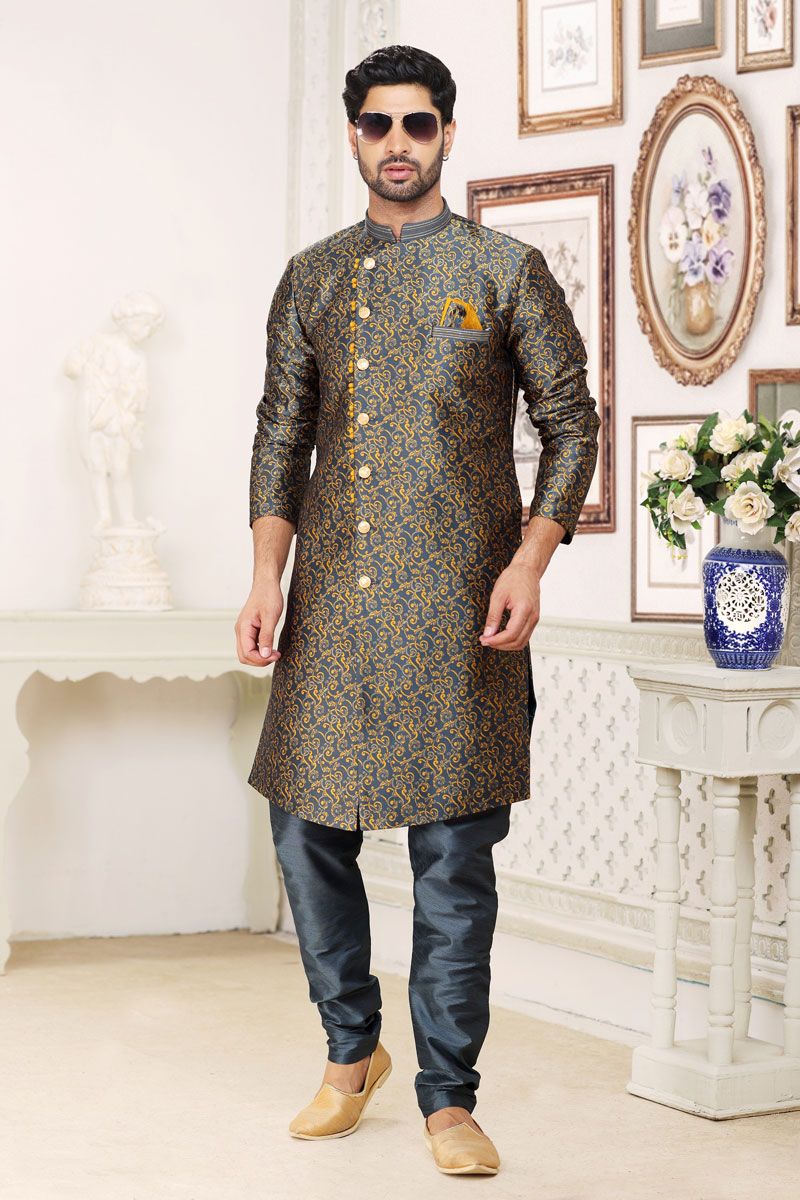 Pretty Jacquard Fabric Readymade Men Indo Western In Grey Color