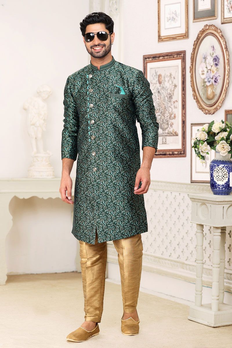 Beautiful Dark Green Color Readymade Indo Western For Men In Jacquard Fabric