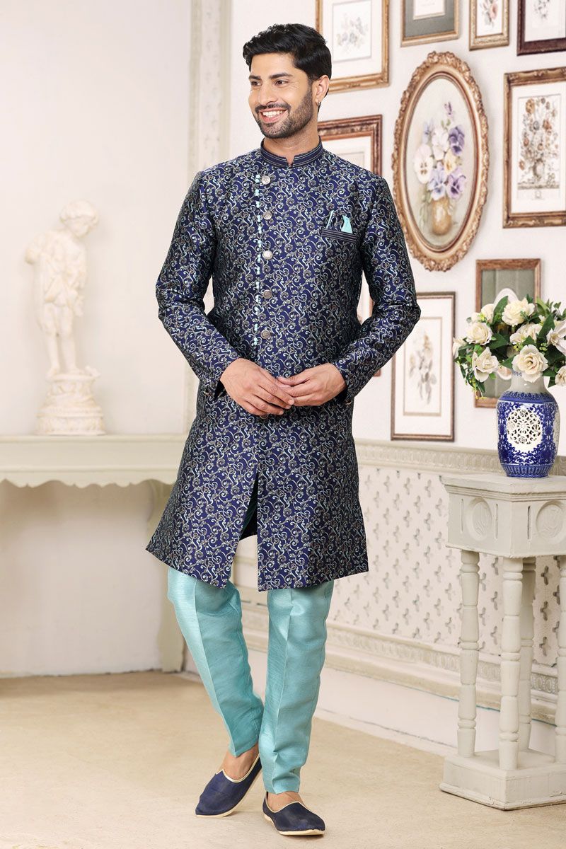 Jacquard Attractive Readymade Men Indo Western In Blue Color