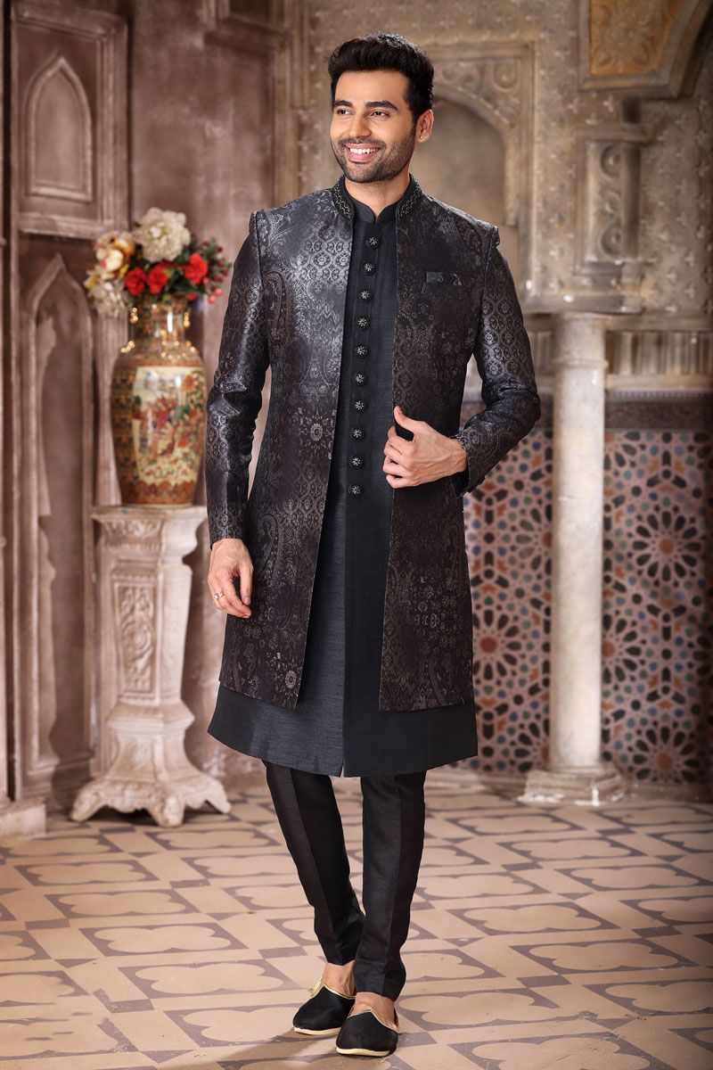 Art Silk Black Color Readymade Designer Men Indo Western