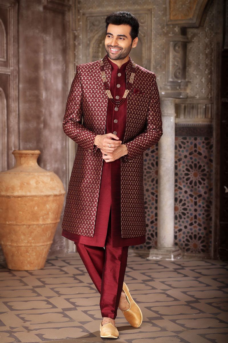 Jacquard Art Silk Maroon Readymade Lovely Indo Western For Men