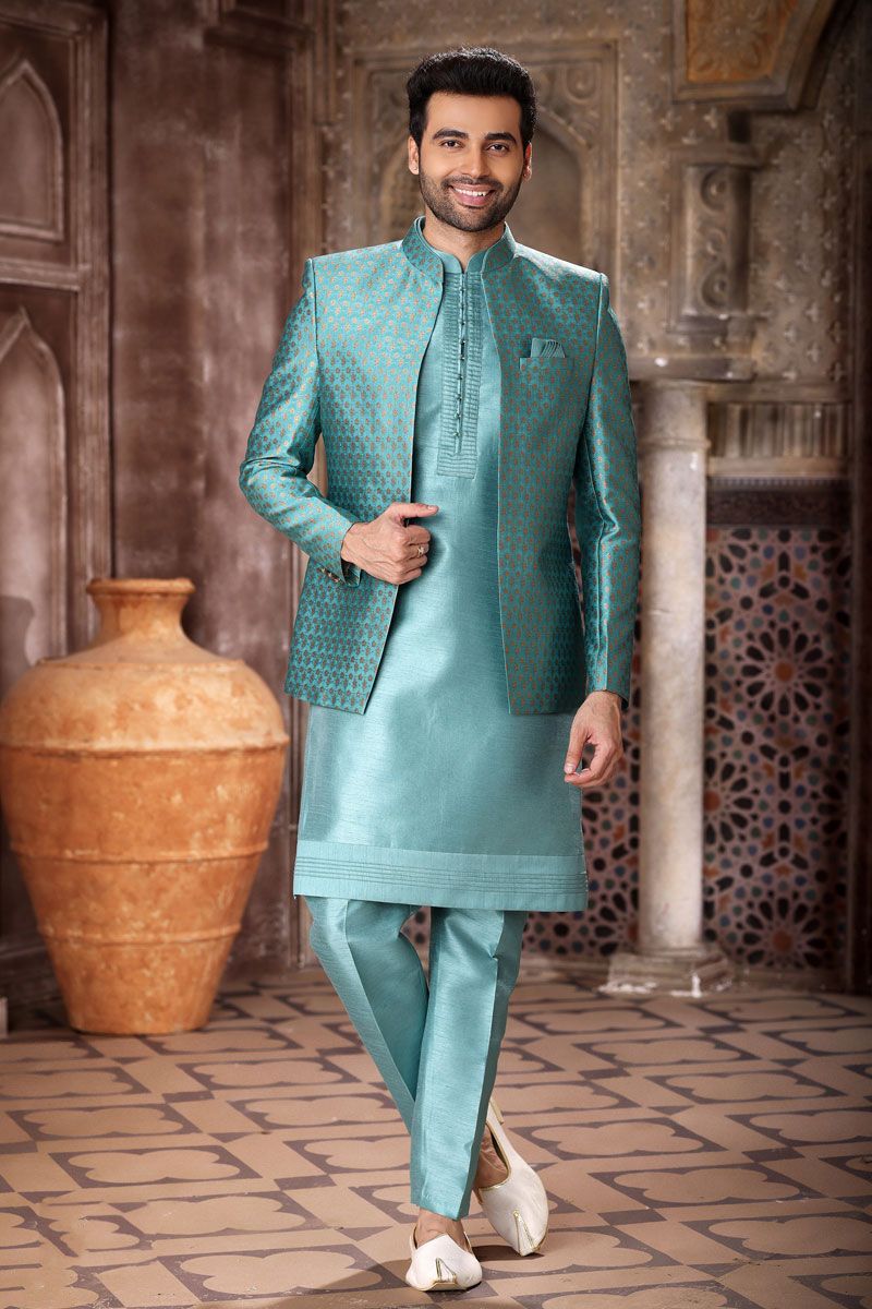 Beautiful Cyan Color Readymade Indo Western For Men In Jacquard Art Silk Fabric