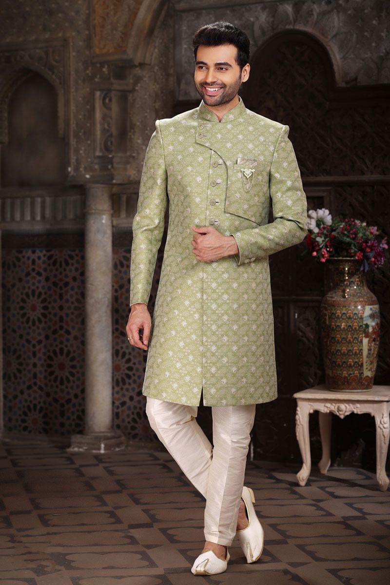 Jacquard Olive Magnificent Readymade Men Indo Western