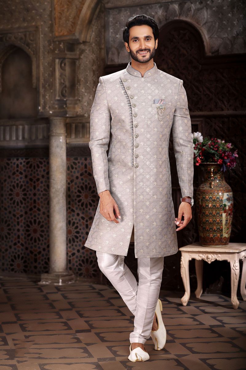 Grey Color Jacquard Fabric Designer Readymade Indo Western For Men