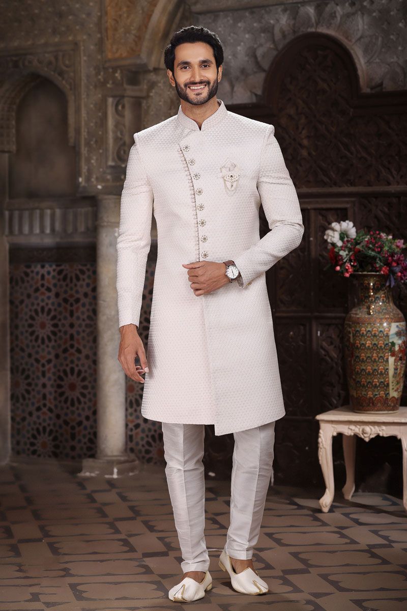 Jacquard Fabric Off White Color Designer Readymade Indo Western For Men