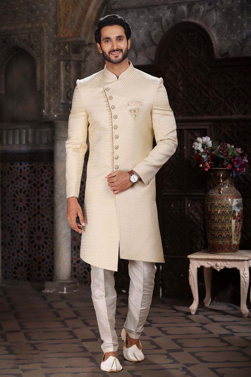 Beige Color Jacquard Fabric Designer Readymade Indo Western For Men