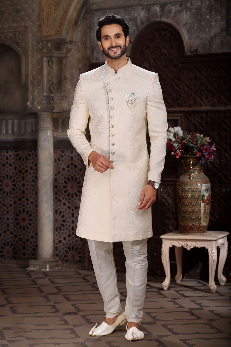 Jacquard Fabric Readymade Indo Western For Men In Beige Color