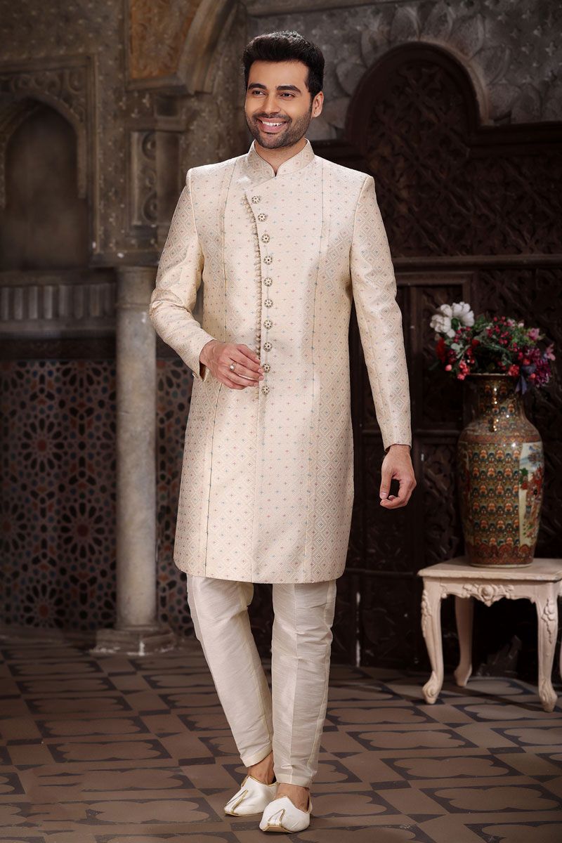 Jacquard Fabric Designer Readymade Indo Western For Men In Beige Color