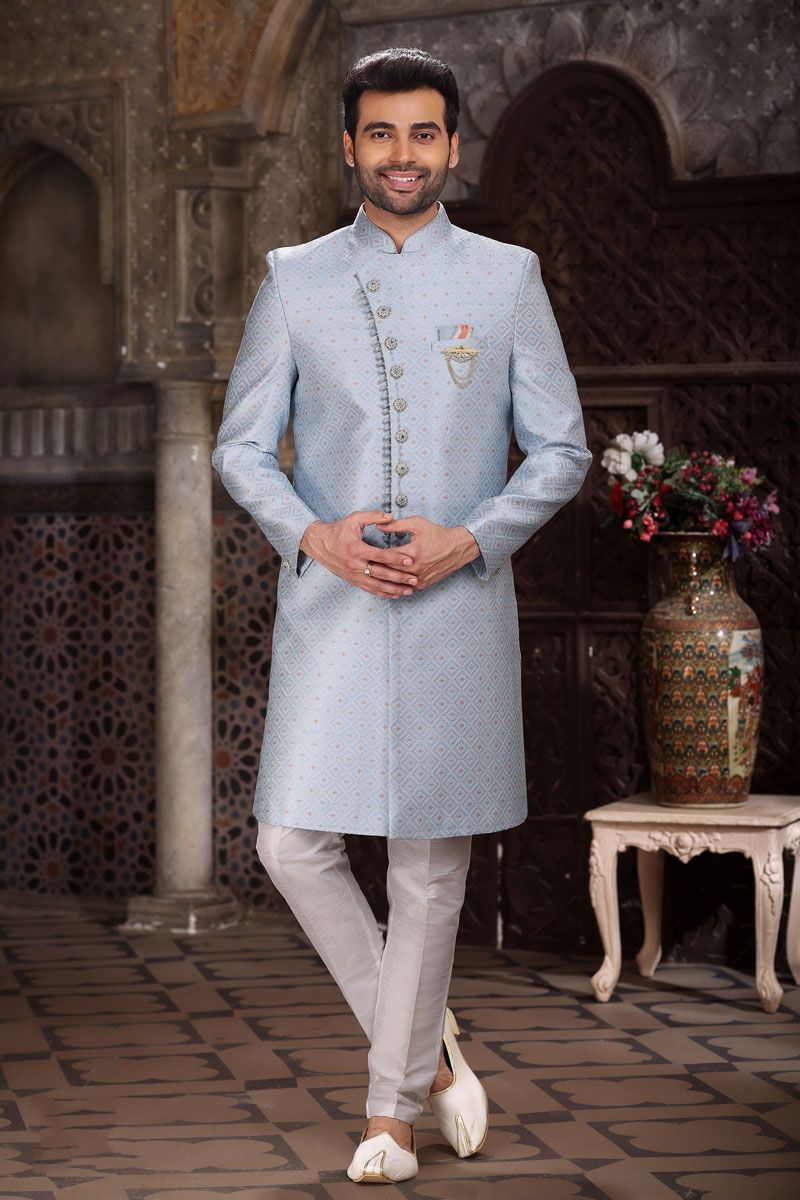 Jacquard Fabric Designer Readymade Indo Western For Men In Sky Blue Color