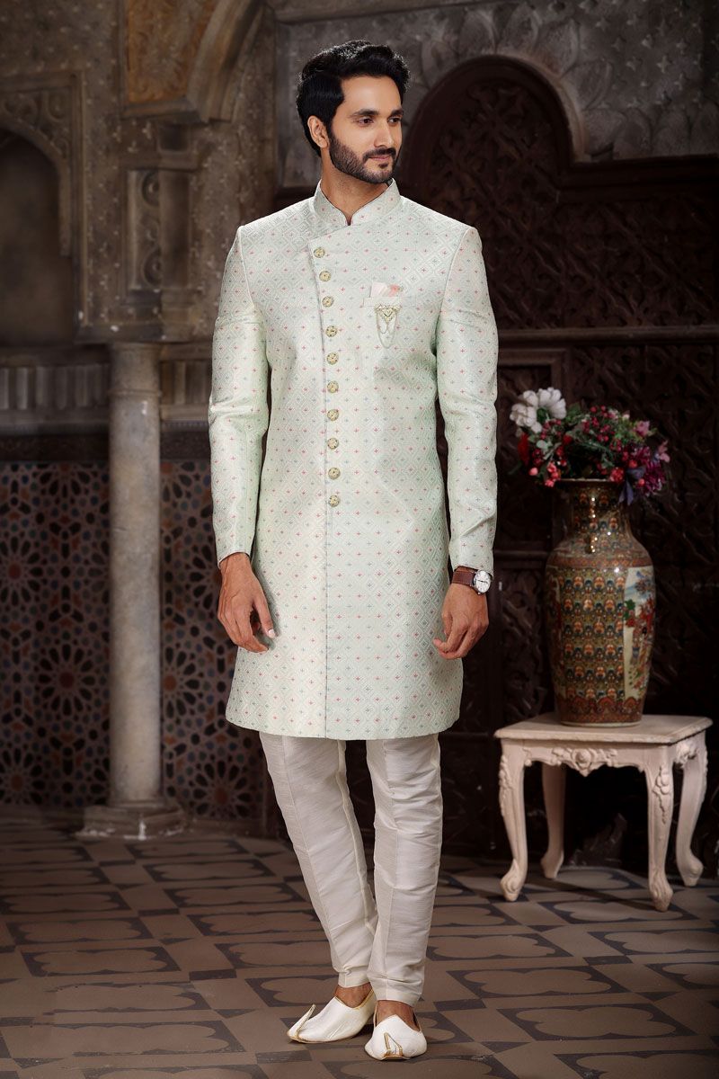 Sea Green Color Jacquard Fabric Readymade Indo Western For Men