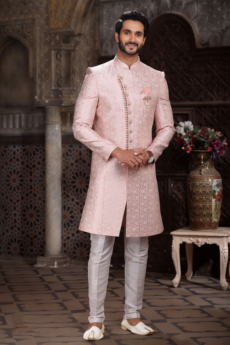 Pink Jacquard Fabric Trendy Readymade Indo Western For Men