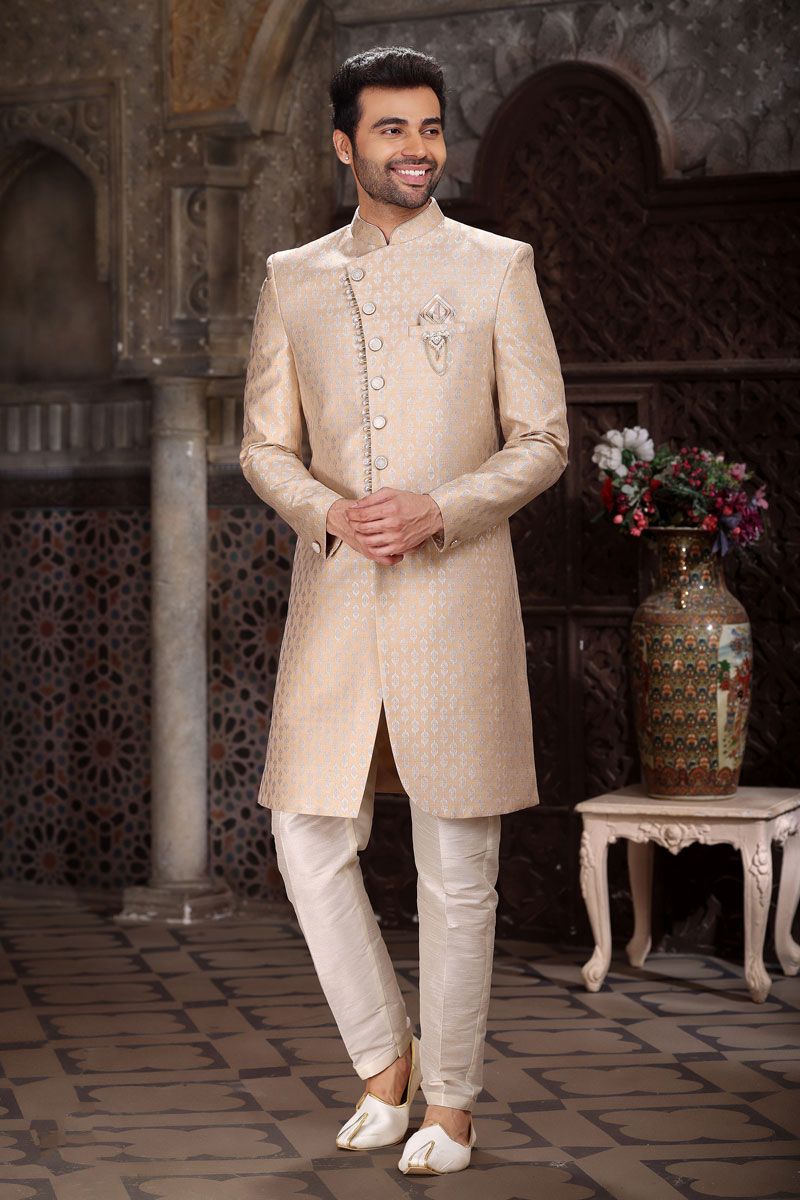 Jacquard Cream Color Readymade Designer Men Indo Western