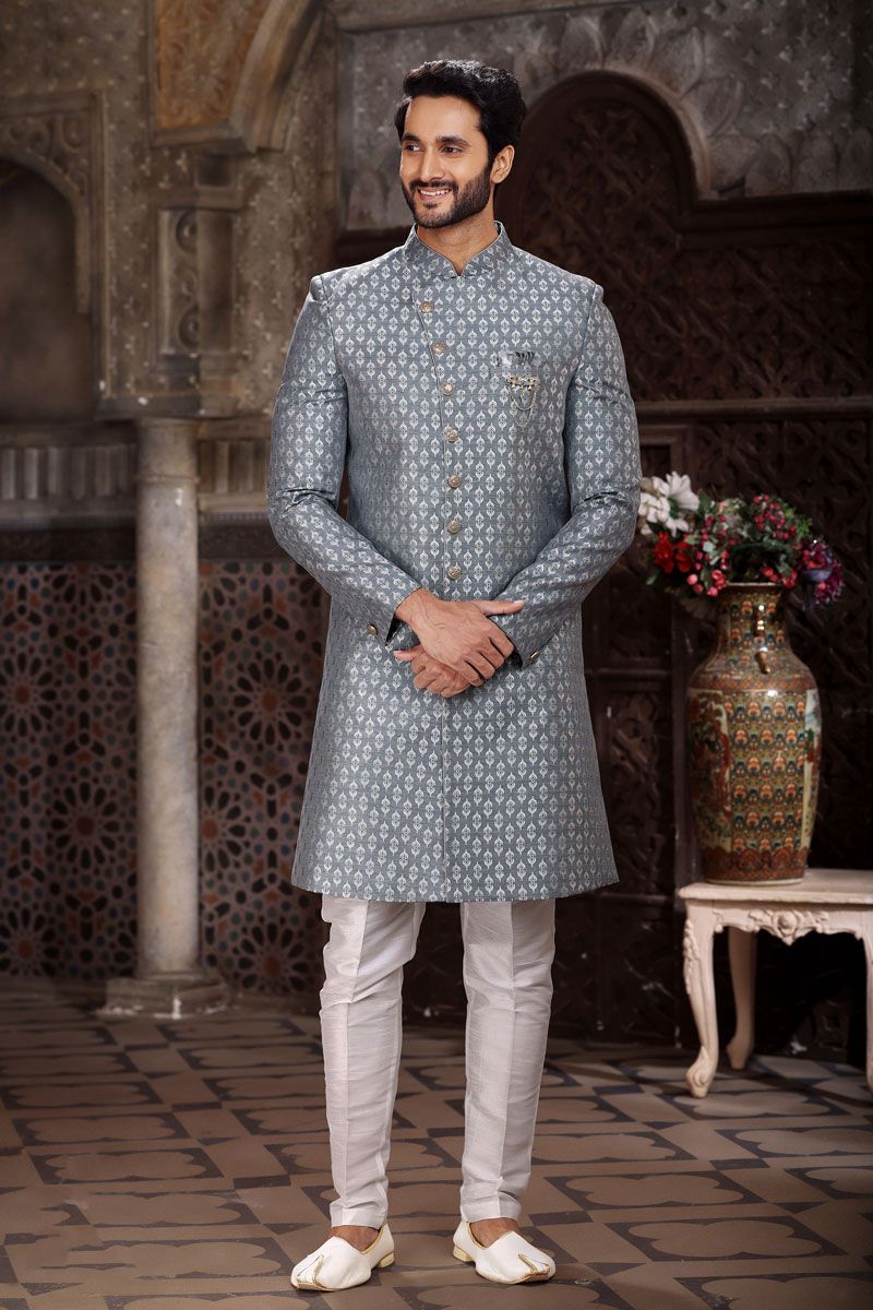 Stunning Grey Color Designer Readymade Men Indo Western In Jacquard Fabric