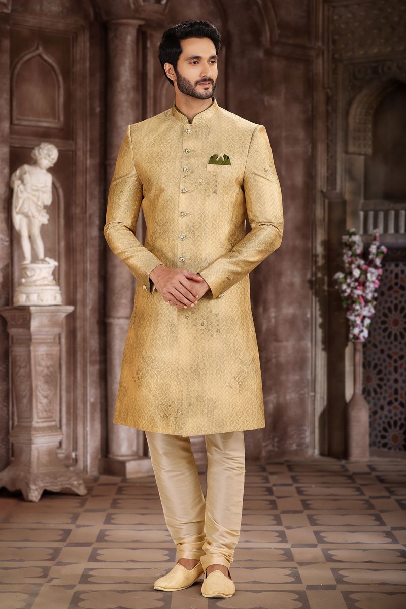 Art Silk Beige Magnificent Readymade Men Indo Western For Wedding Wear