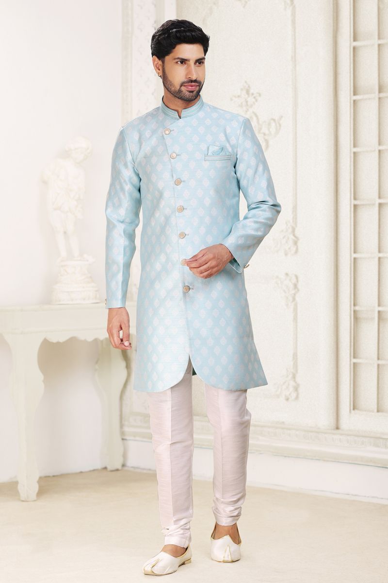 Sky Blue Banarasi Jacquard Fabric Magnificent Readymade Men Indo Western For Wedding Wear