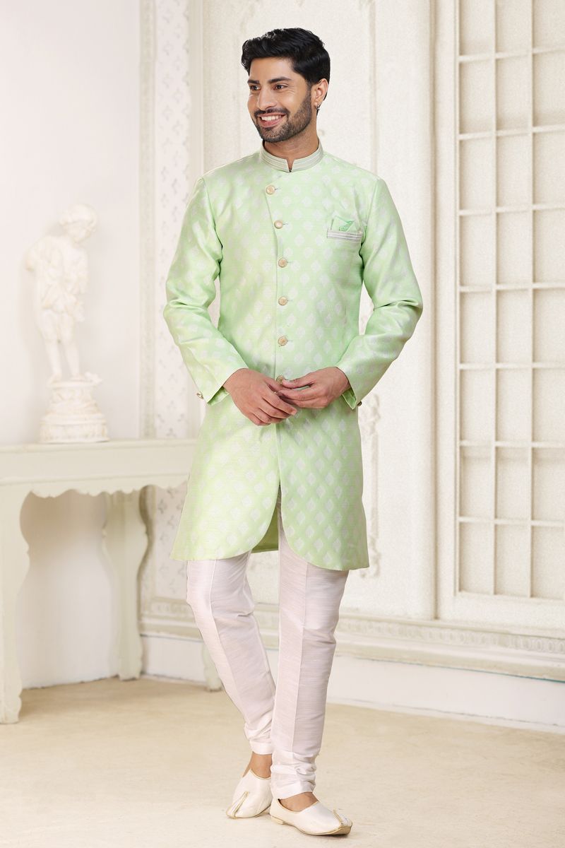 Banarasi Jacquard Sea Green Magnificent Readymade Men Indo Western For Wedding Wear