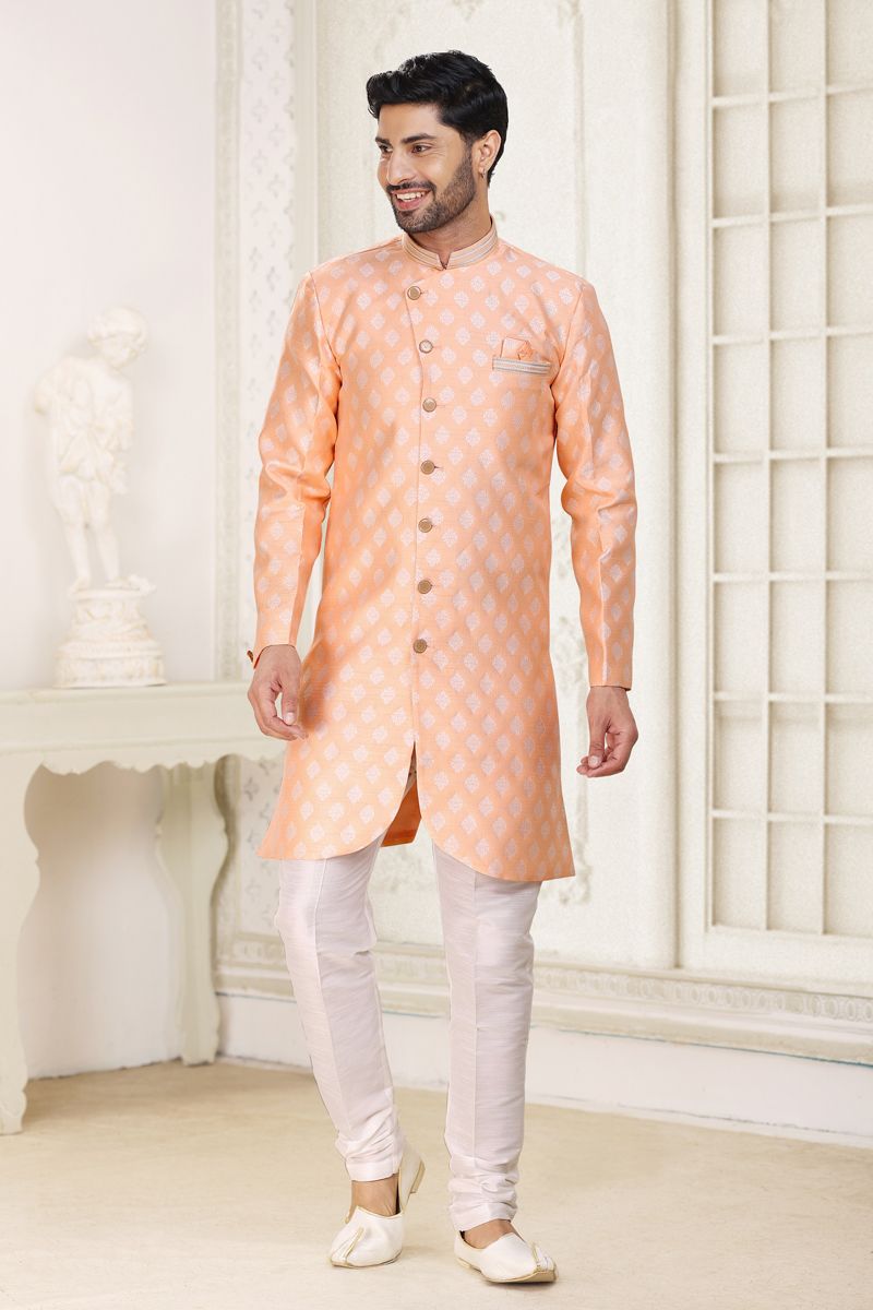 Peach Color Banarasi Jacquard Fabric Wedding Wear Designer Readymade Indo Western For Men