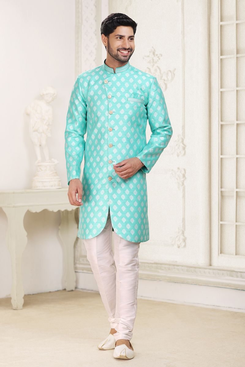 Banarasi Jacquard Fabric Cyan Color Wedding Wear Designer Readymade Indo Western For Men