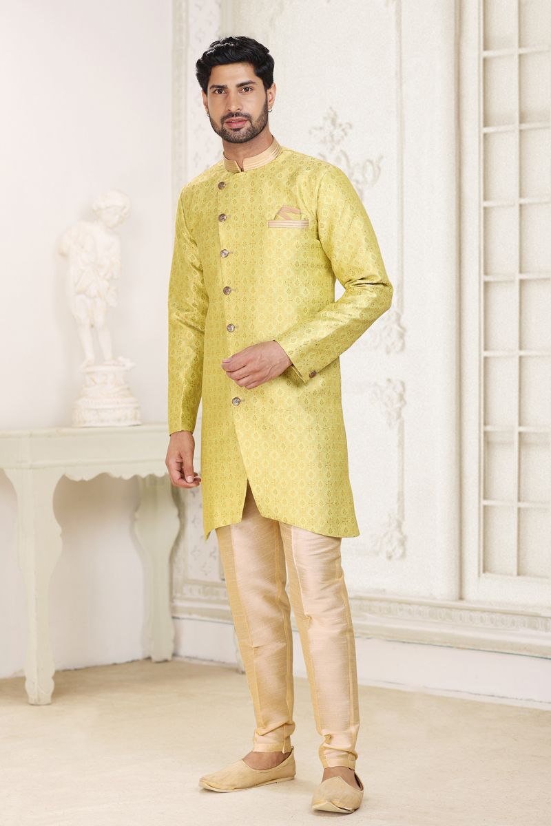 Yellow Color Wedding Wear Banarasi Jacquard Fabric Designer Readymade Indo Western For Men